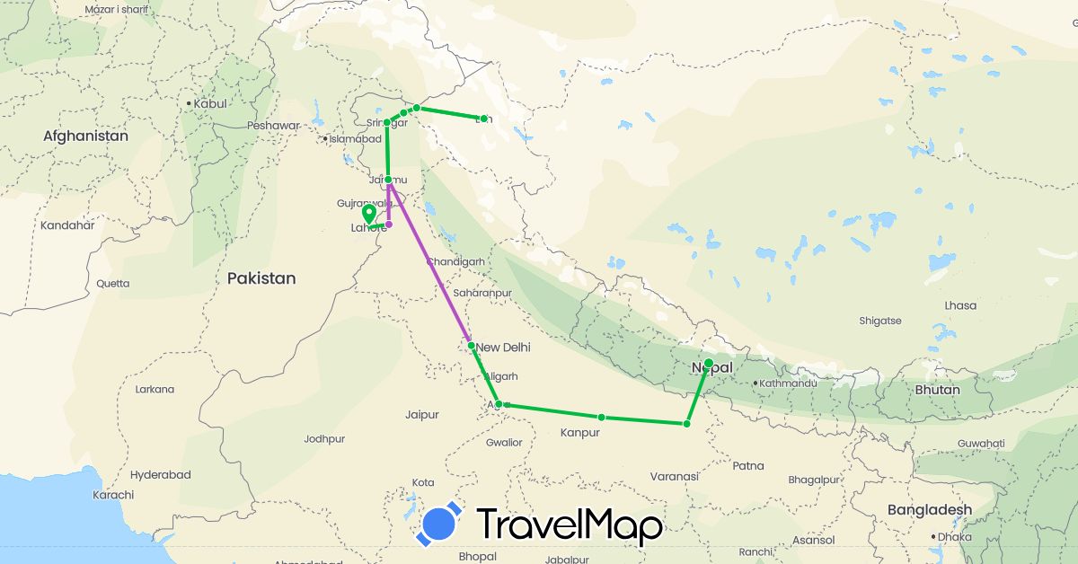 TravelMap itinerary: driving, bus, train in India, Nepal, Pakistan (Asia)